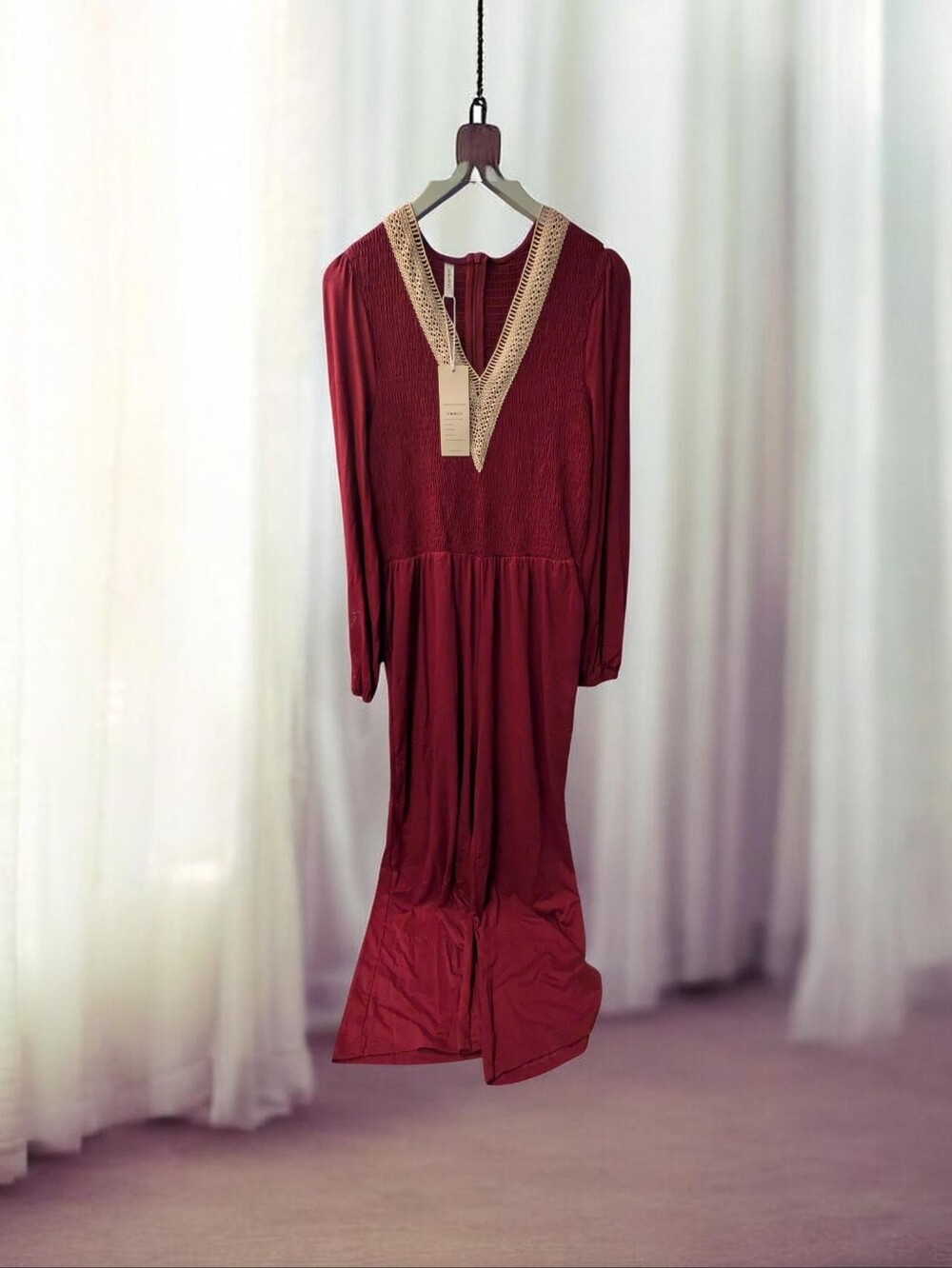 Women’s Long-Sleeve Wide-Leg Jumpsuit in Deep Burgundy